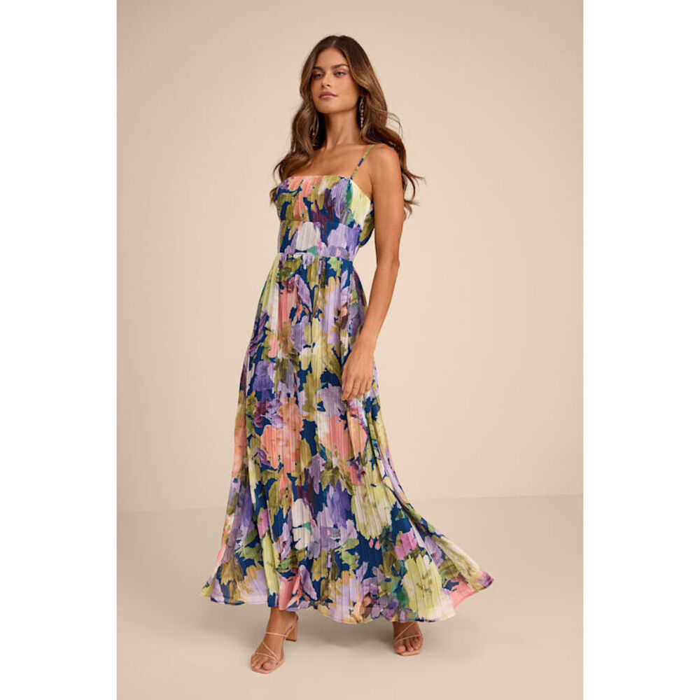 Lulus Holloway Dark Blue Multi Floral Pleated Maxi Dress - Size L